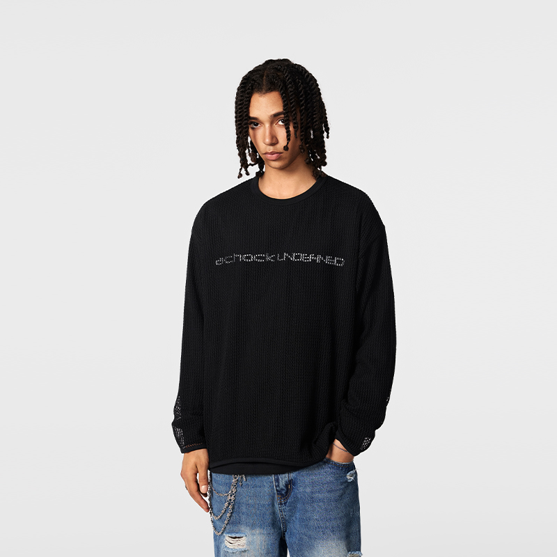 【Achock官方店】潮牌假两件重工镂空印花t恤男国潮重磅圆领卫衣