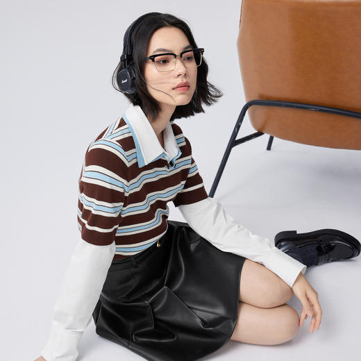 【严选】伊芙丽仿羊绒棉POLO领条纹撞色针织衫女2024秋装新款外穿上衣1F7930831 商品图0