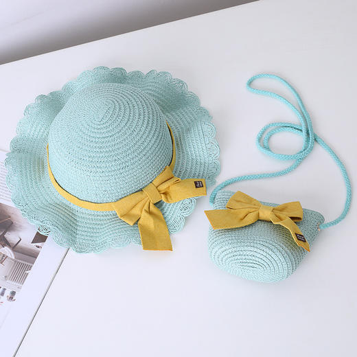 【轻松搭配各种服饰，必备夏日单品】小清新波浪边儿童草帽 夏天女孩出游 2-7岁女孩帽子 百搭沙滩帽遮阳帽帽子包包套装-QQ 商品图5