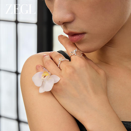 ZEGL设计师东方花影人造珍珠花朵戒指女小众设计新中式开口指环 商品图3