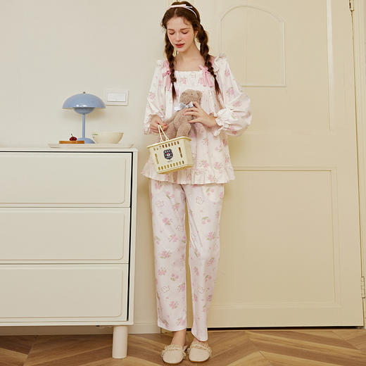 芬腾女士睡衣春秋季纯棉长袖方领套装女款宽松休闲大码全棉家居服 商品图4