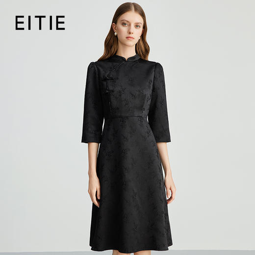 EITIE爱特爱新中式改良旗袍暗纹黑色显瘦连衣裙秋新款C2407416 商品图0