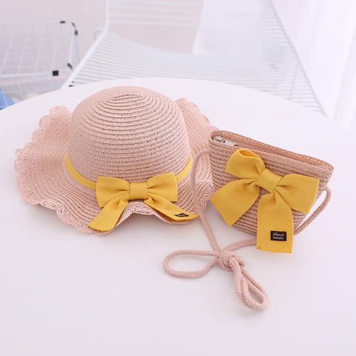 【轻松搭配各种服饰，必备夏日单品】小清新波浪边儿童草帽 夏天女孩出游 2-7岁女孩帽子 百搭沙滩帽遮阳帽帽子包包套装-QQ 商品图10