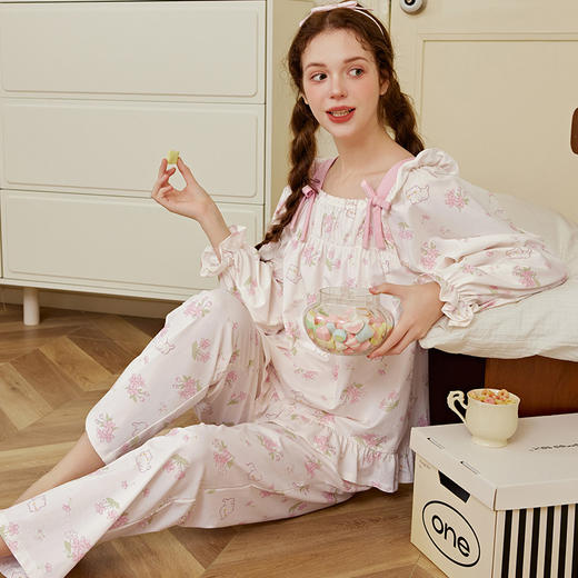 芬腾女士睡衣春秋季纯棉长袖方领套装女款宽松休闲大码全棉家居服 商品图0