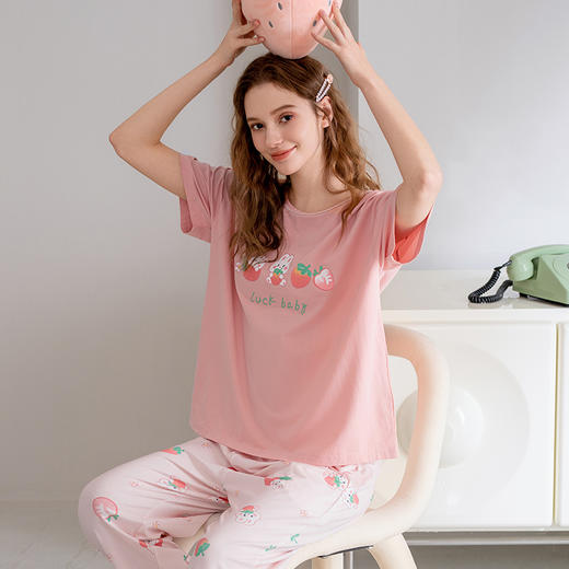 100%棉芬腾夏季女士睡衣纯棉短袖圆领套装 A-4383 商品图1