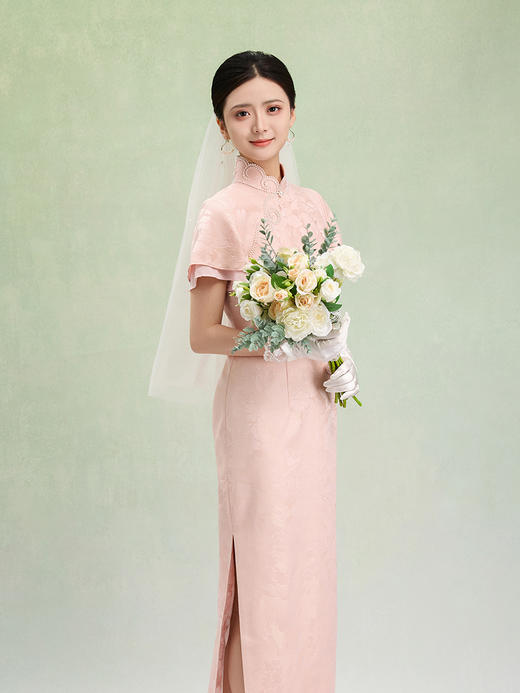 荷言HEYEN 合欢 粉色织金正绢牡丹花纹提花真丝新娘旗袍 商品图3