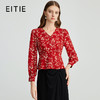 EITIE爱特爱V领复古红色印花显瘦上衣秋季新款C2409406 商品缩略图0