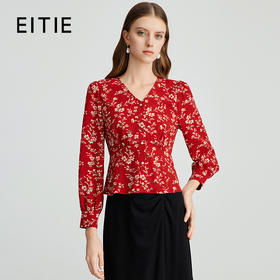 EITIE爱特爱V领复古红色印花显瘦上衣秋季新款C2409406
