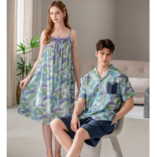 芬腾短袖情侣睡衣女士吊带睡裙夏季薄款套装男休闲透气大码家居服 商品图0