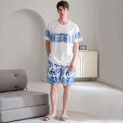 芬腾男士睡衣夏季纯棉短袖圆领套装青年休闲加大码外穿全棉家居服 商品图4