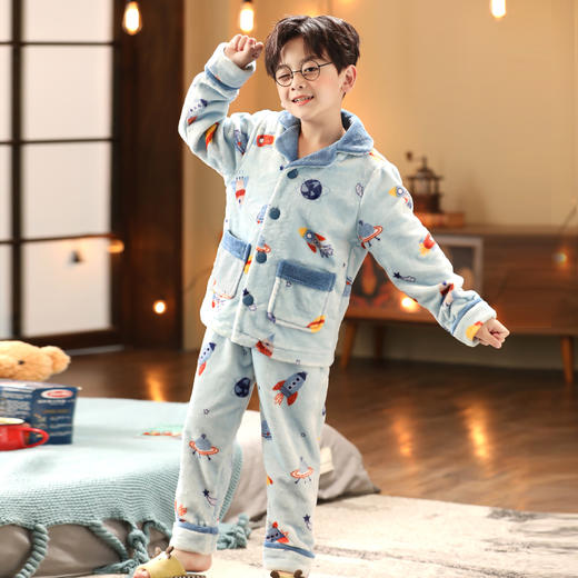 芬腾 男童睡衣加绒加厚保暖男孩小童儿童中大童卡通宝宝家居服套装 商品图3