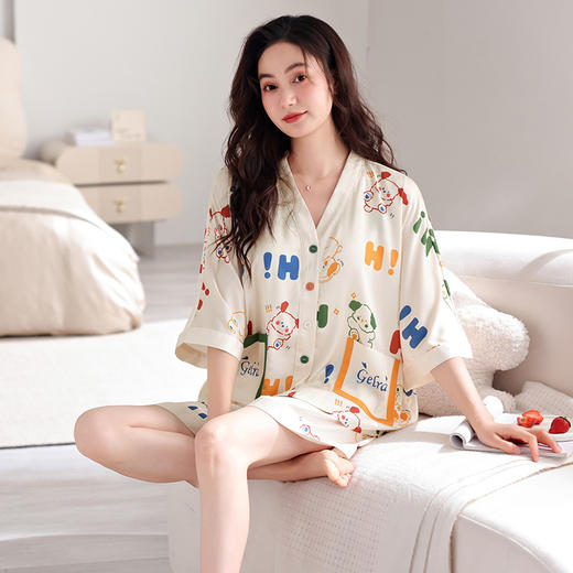 芬腾女士睡衣 · 夏季冰丝短袖V领带胸垫套装 薄款女款休闲大码家居服｜品牌直发 商品图0