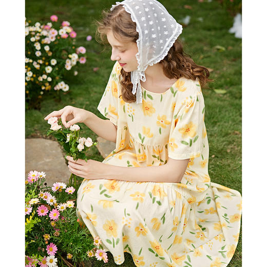 芬腾睡裙女梭织棉质夏季短袖薄款透气中长裙宽松可外穿家居服睡衣 商品图1