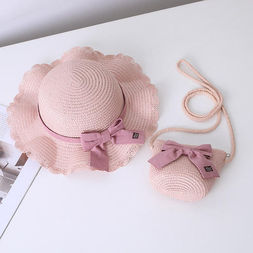 【轻松搭配各种服饰，必备夏日单品】小清新波浪边儿童草帽 夏天女孩出游 2-7岁女孩帽子 百搭沙滩帽遮阳帽帽子包包套装-QQ 商品图7
