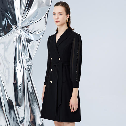 EITIE爱特爱秋季翻领双排扣时尚网纱拼接黑色风衣外套7504202 商品图2