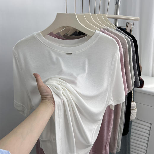 【轻薄柔软莱赛尔天丝短袖t恤】夏季宽松温柔纯色圆领清凉面膜上衣  商品图9