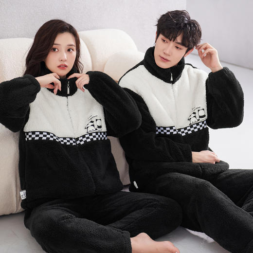 芬腾情侣熊猫睡衣冬季加厚加绒珊瑚绒女士法兰绒男秋冬家居服套装 商品图2