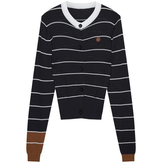 【笑脸衣橱】SELFWHO黑色镂空条纹针织衫长袖女秋季2024新款高级慵懒通勤收腰上衣 商品图3