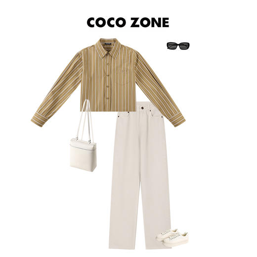 COCO ZONE莱塞尔天丝+棉条纹衬衫翻领长袖衬衣23C19179 商品图3