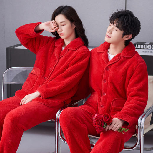 芬腾红色本命年珊瑚绒睡衣女冬秋保暖舒适情侣男款加绒加厚家居服 商品图1