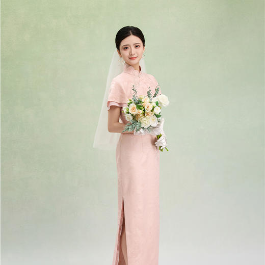 荷言HEYEN 合欢 粉色织金正绢牡丹花纹提花真丝新娘旗袍 商品图4