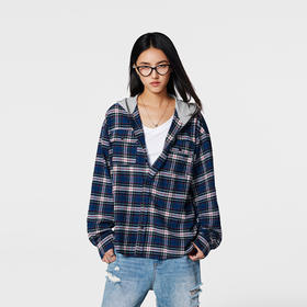 【Achock官方店】街头撞色蓝色格纹连帽长袖衬衫美式复古休闲外套