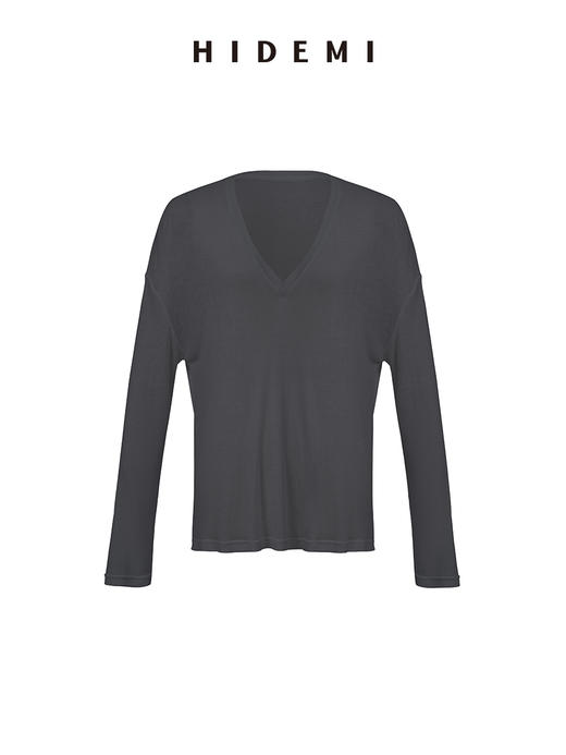 HIDEMI 极简V领大廓形轻柔皮肤衣系列宽松慵懒设计感可再生纤维面膜上衣长袖T恤 商品图9