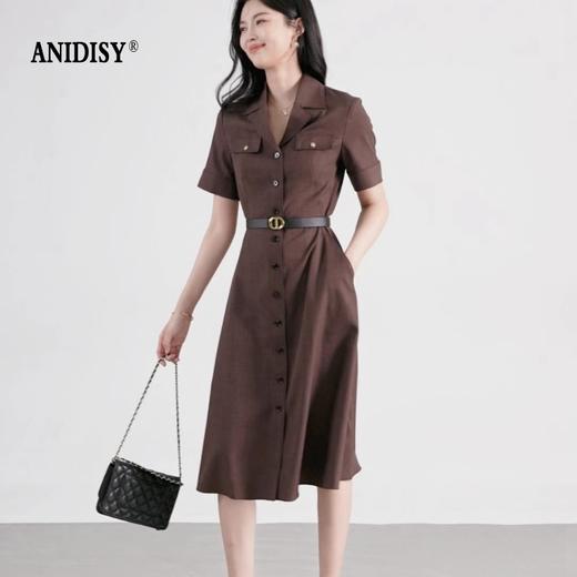 法式时尚翻领短袖单排扣收腰西装连衣裙 商品图1