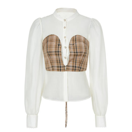 复古宫廷风格纹假两件衬衫秋季衬衣修身 商品图2