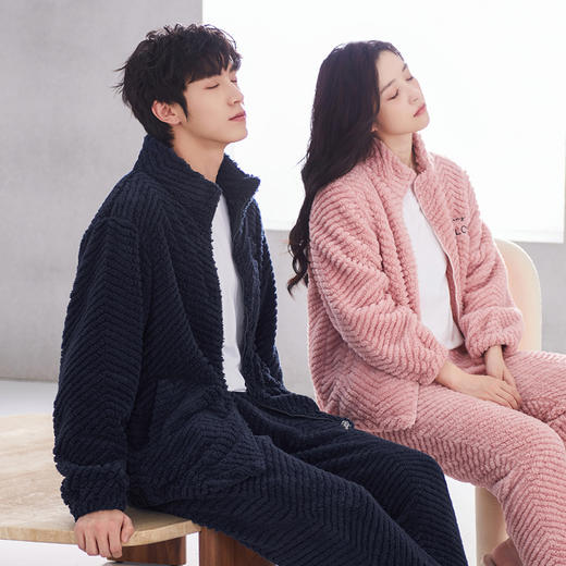 <有书独家>芬腾可外穿拉链珊瑚绒睡衣秋冬情侣加绒加厚保暖套装法兰绒家居服 商品图2