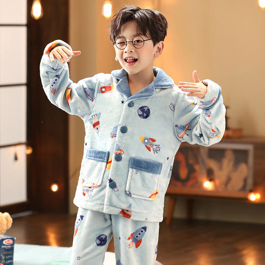芬腾 男童睡衣加绒加厚保暖男孩小童儿童中大童卡通宝宝家居服套装 商品图2