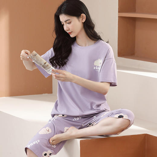 芬腾夏季100%纯棉薄款短袖五分裤圆领家居服套装 A-4538 商品图1