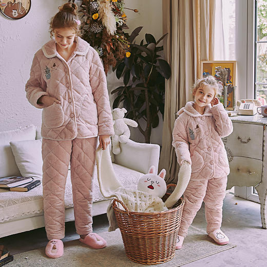 芬腾【三层加厚夹棉】秋冬季亲子睡衣女童卡通女孩加厚母女家居服 商品图0