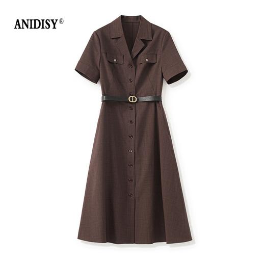 法式时尚翻领短袖单排扣收腰西装连衣裙 商品图4