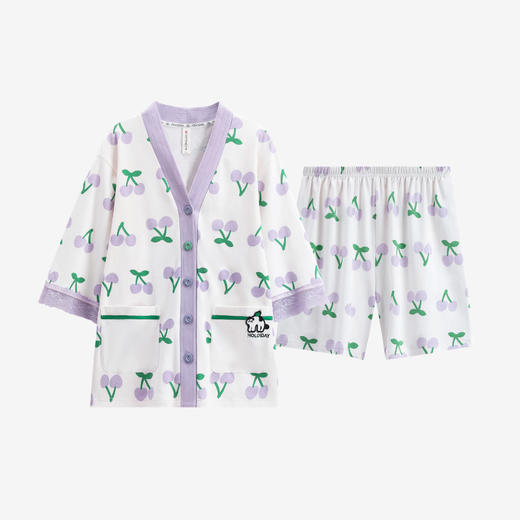 芬腾夏季100%纯棉薄款V领开衫短袖短裤套装 A-4537 商品图4