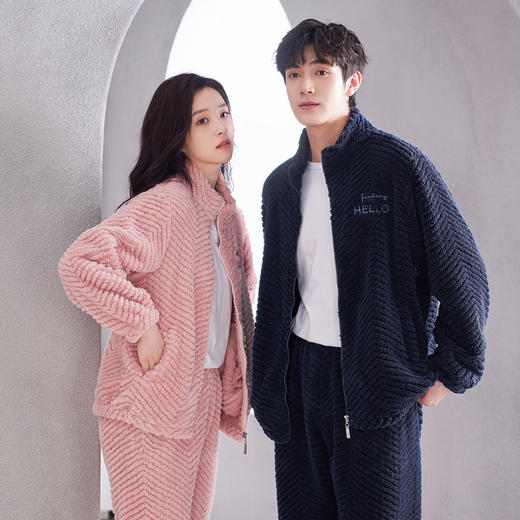 <有书独家>芬腾可外穿拉链珊瑚绒睡衣秋冬情侣加绒加厚保暖套装法兰绒家居服 商品图3