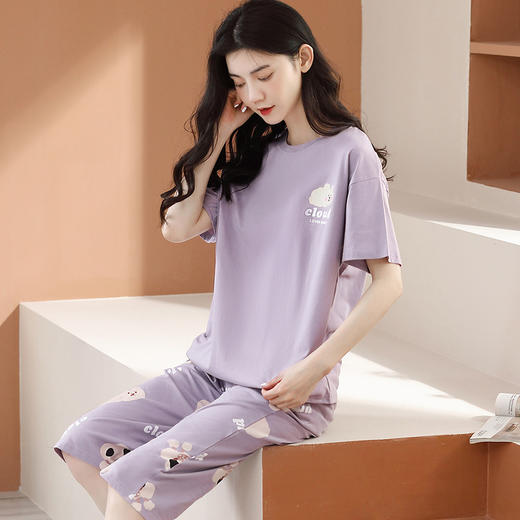 芬腾夏季100%纯棉薄款短袖五分裤圆领家居服套装 A-4538 商品图4