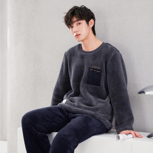 芬腾男士睡衣珊瑚绒秋冬季加绒加厚男款冬天保暖法兰绒家居服套装 商品图1