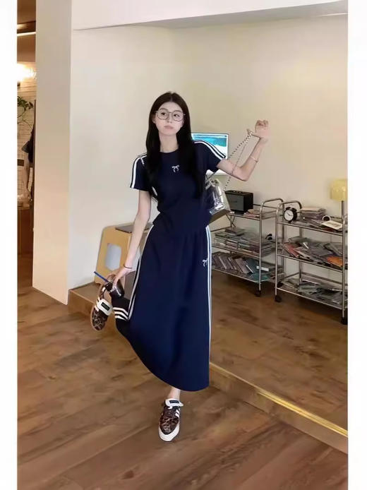 休闲运动套装女三条杠蝴蝶结短袖T恤夏季包臀半身长裙两件套6_ym 商品图1