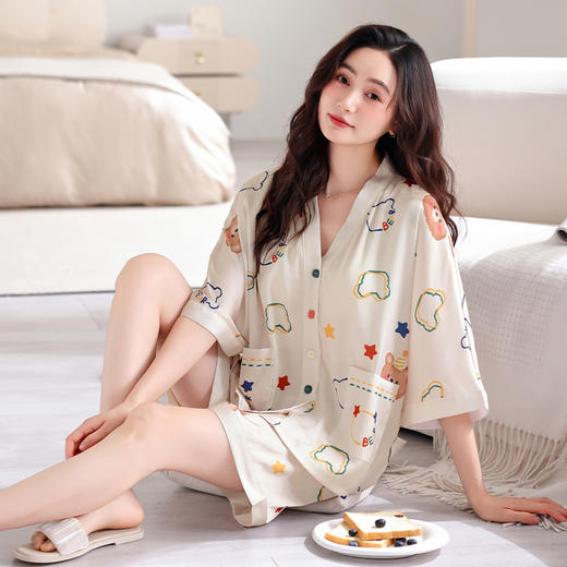 芬腾女士睡衣夏季冰丝短袖薄款套装带胸垫女款可爱休闲大码家居服 商品图0