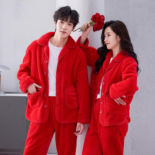 芬腾红色本命年珊瑚绒睡衣女冬秋保暖舒适情侣男款加绒加厚家居服 商品图3