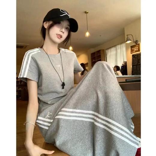 休闲运动套装女三条杠蝴蝶结短袖T恤夏季包臀半身长裙两件套6_ym 商品图5