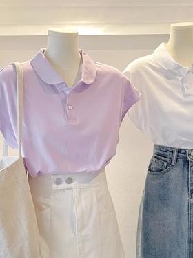 【蓝色小飞袖娃娃领上衣】夏设计感小众独特别致polo衫 正肩短袖t恤 