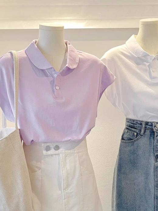 【蓝色小飞袖娃娃领上衣】夏设计感小众独特别致polo衫 正肩短袖t恤  商品图0