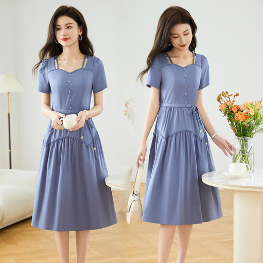 设计感花边拼结短袖裙，系带收腰中长裙QYM-TB-FD1681-Y 商品图4