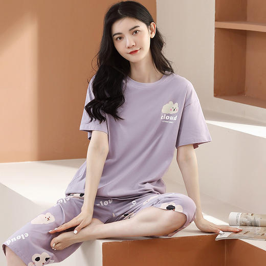 芬腾夏季100%纯棉薄款短袖五分裤圆领家居服套装 A-4538 商品图0