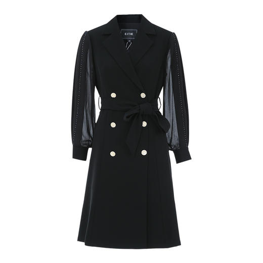 EITIE爱特爱秋季翻领双排扣时尚网纱拼接黑色风衣外套7504202 商品图5