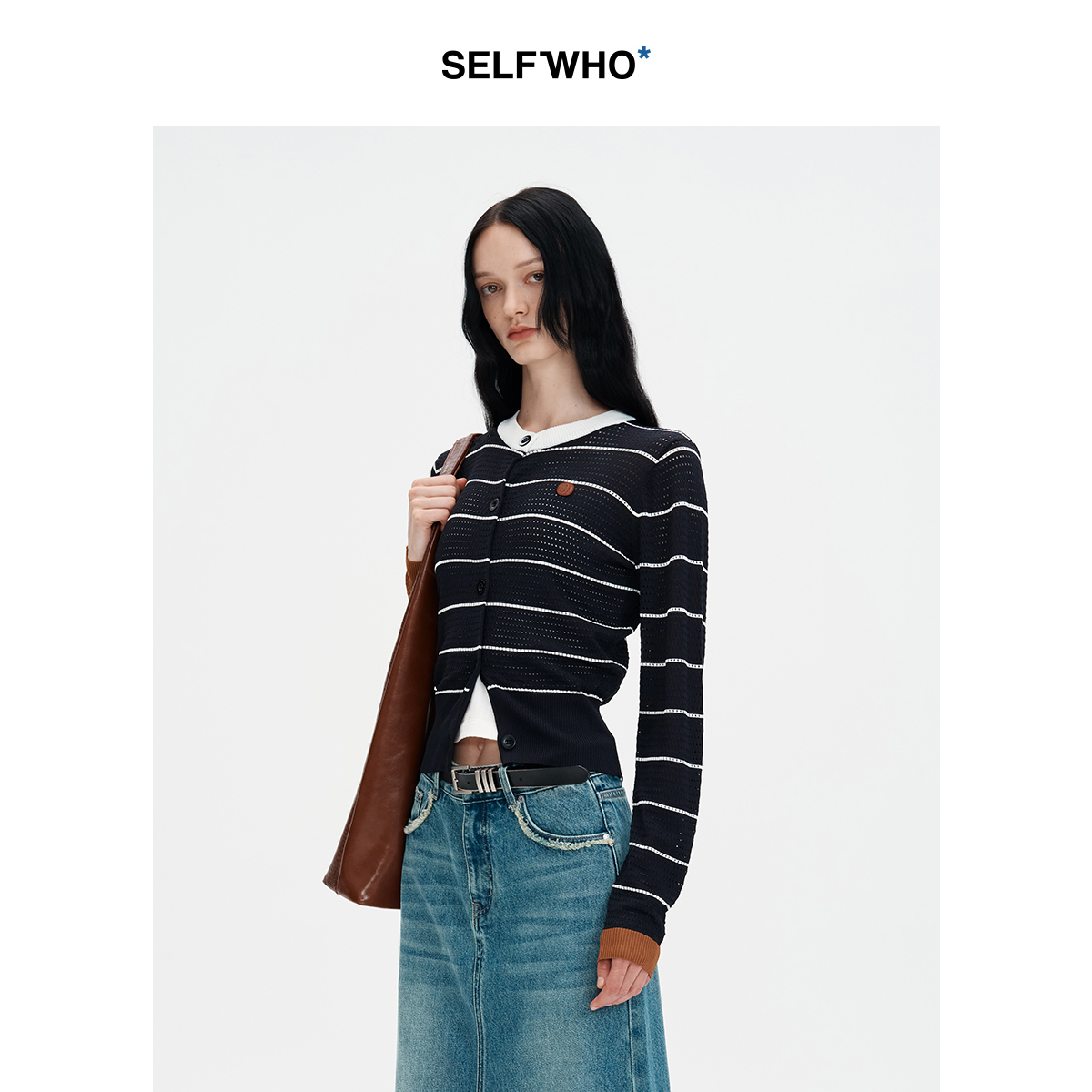 【笑脸衣橱】SELFWHO黑色镂空条纹针织衫长袖女秋季2024新款高级慵懒通勤收腰上衣