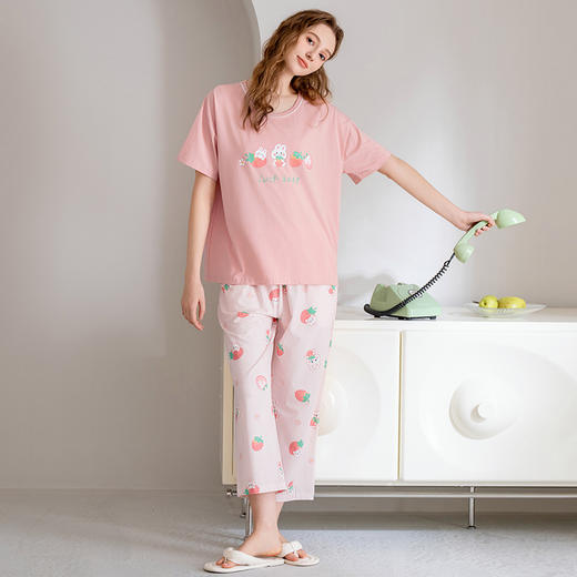100%棉芬腾夏季女士睡衣纯棉短袖圆领套装 A-4383 商品图0