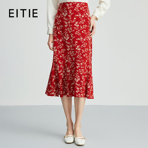 EITIE爱特爱秋季新款时尚高腰a字显瘦红色印花复古法式通勤半身裙C2406410 商品图0